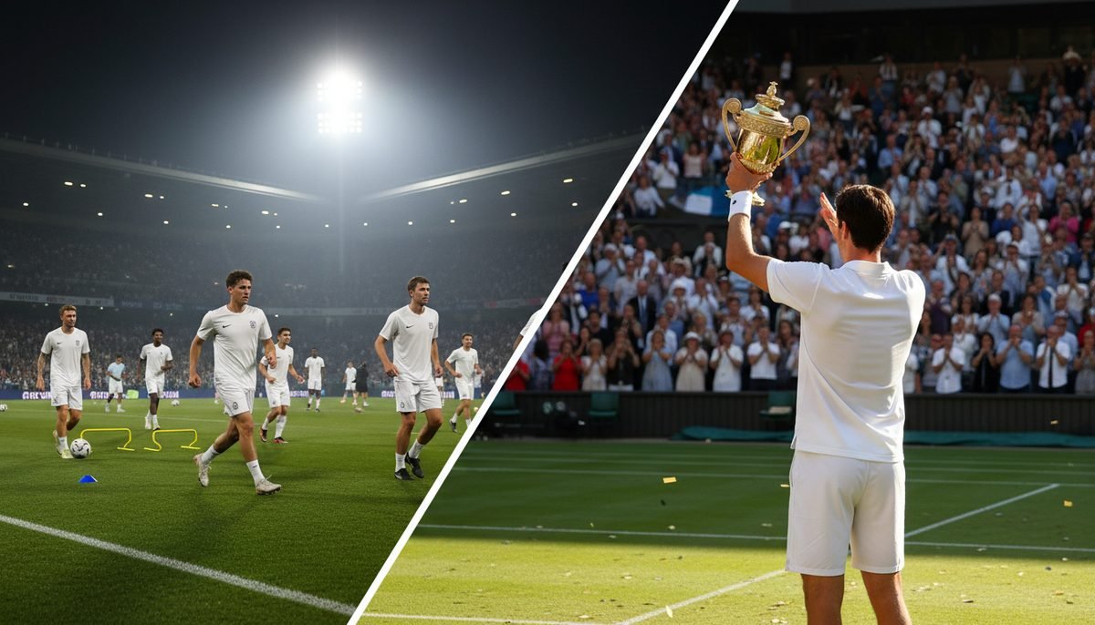 A split scene of England footballers training and a champion lifting the Wimbledon trophy