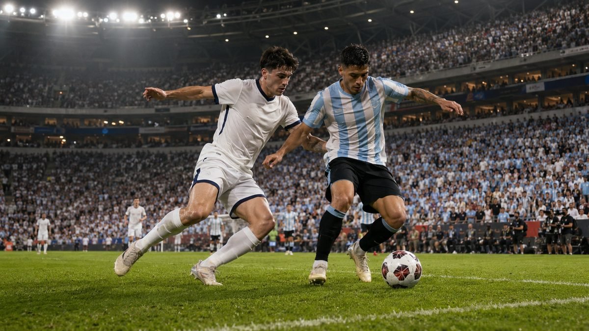 An England player in white and an Argentina player in light blue battle for the ball in a packed World Cup stadium