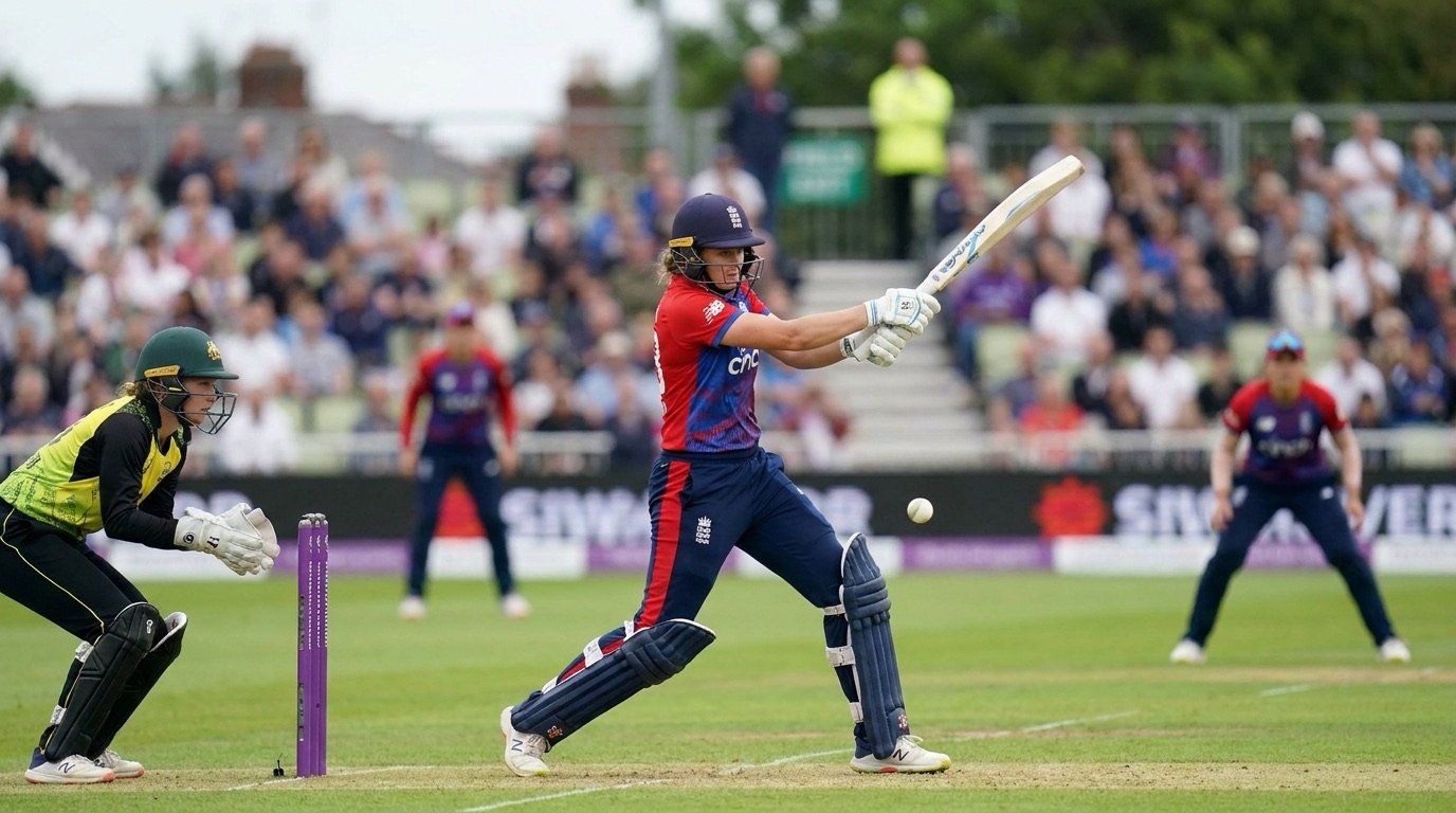 Women's cricket batter playing a shot during a T20 match