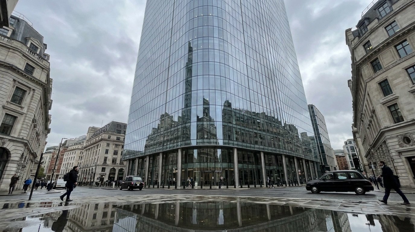A glass corporate headquarters reflecting the sky in the City of London