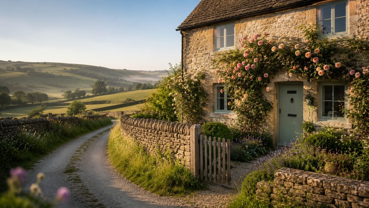 A rose-covered Cotswold stone cottage beside a country lane and rolling green hills