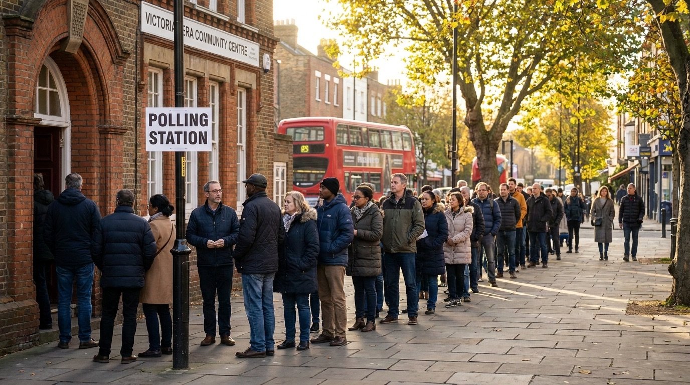 Voters queueing outside a polling station in a sunlit street