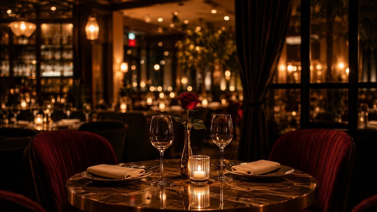 A candlelit restaurant table for two with a single red rose