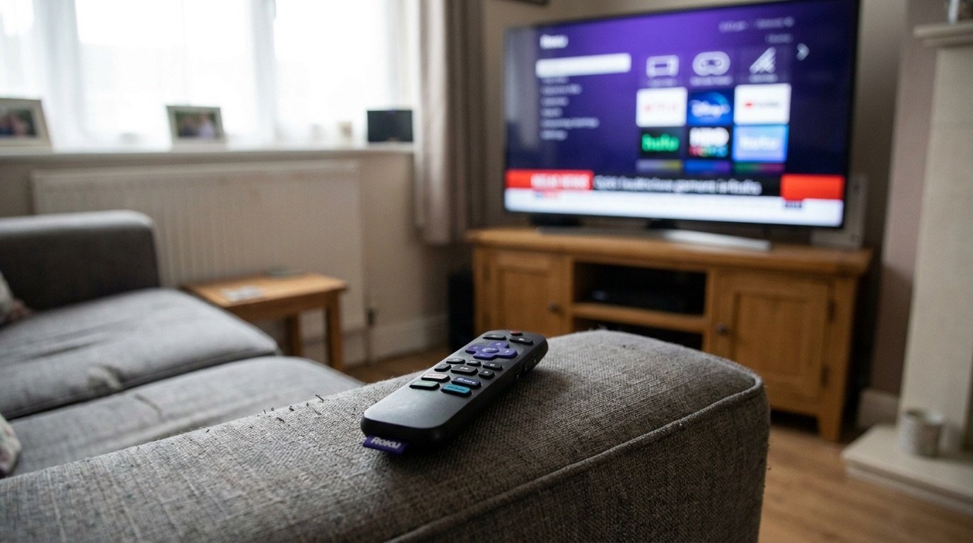 A Roku streaming remote resting on a sofa in front of a smart television