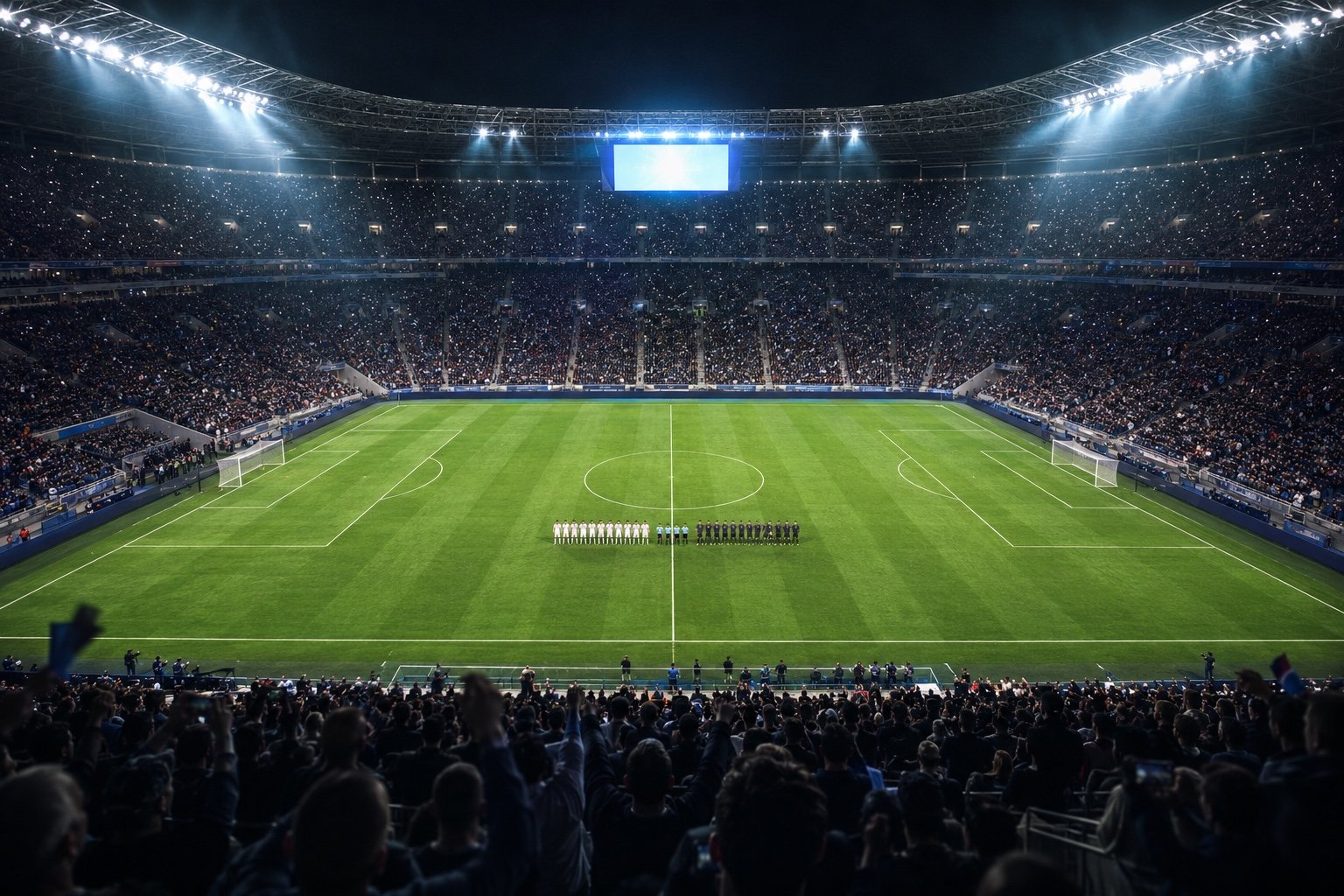 Players celebrate a goal under floodlights during a World Cup last-16 match