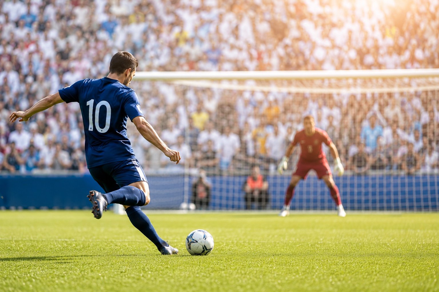 A footballer prepares to strike a penalty under harsh stadium floodlights