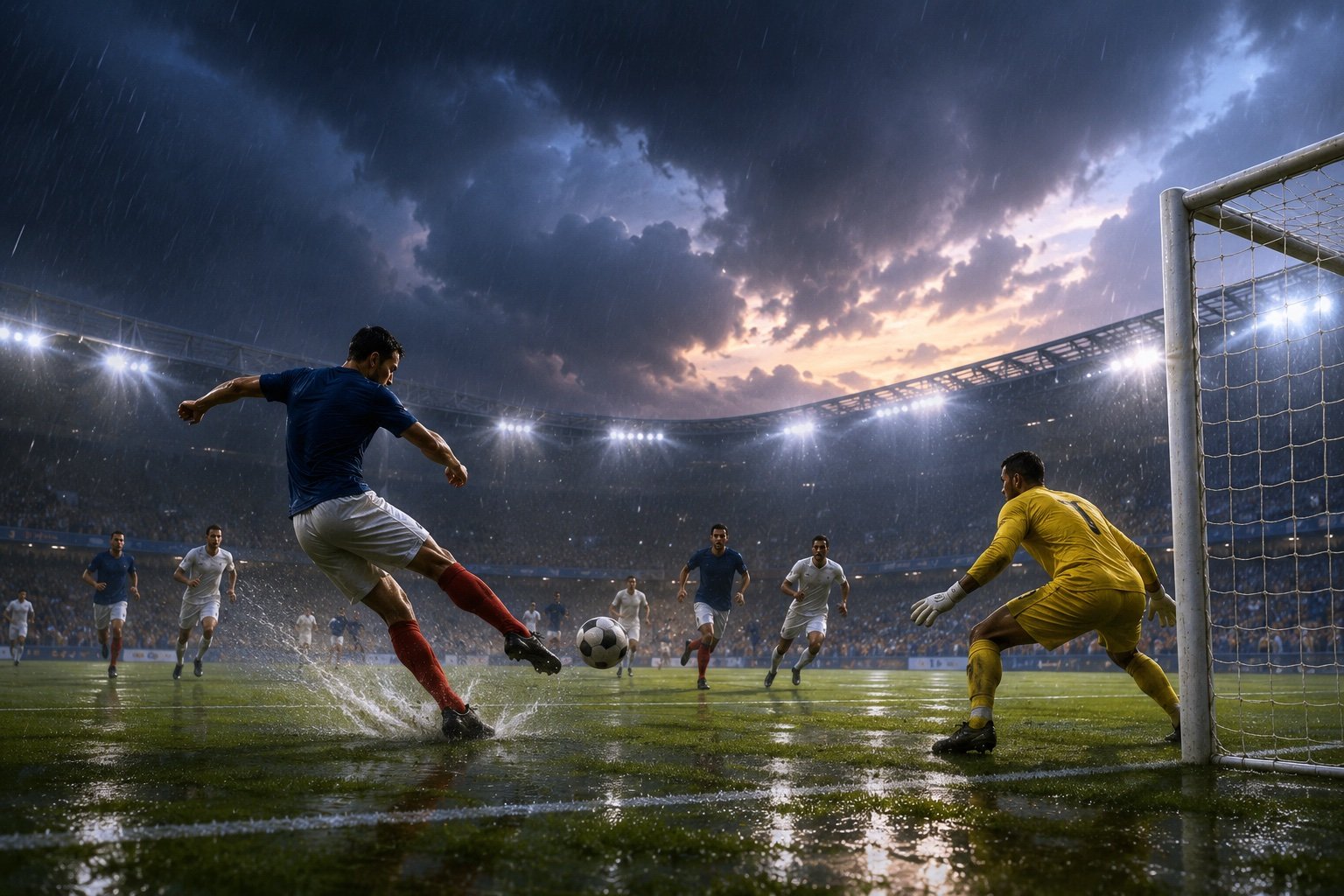 A rain-soaked floodlit football pitch under storm clouds, no identifiable people