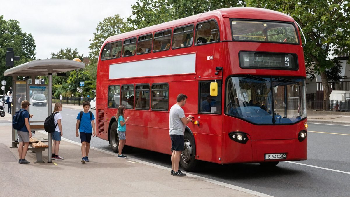 Children boarding a red double-decker bus at a town stop