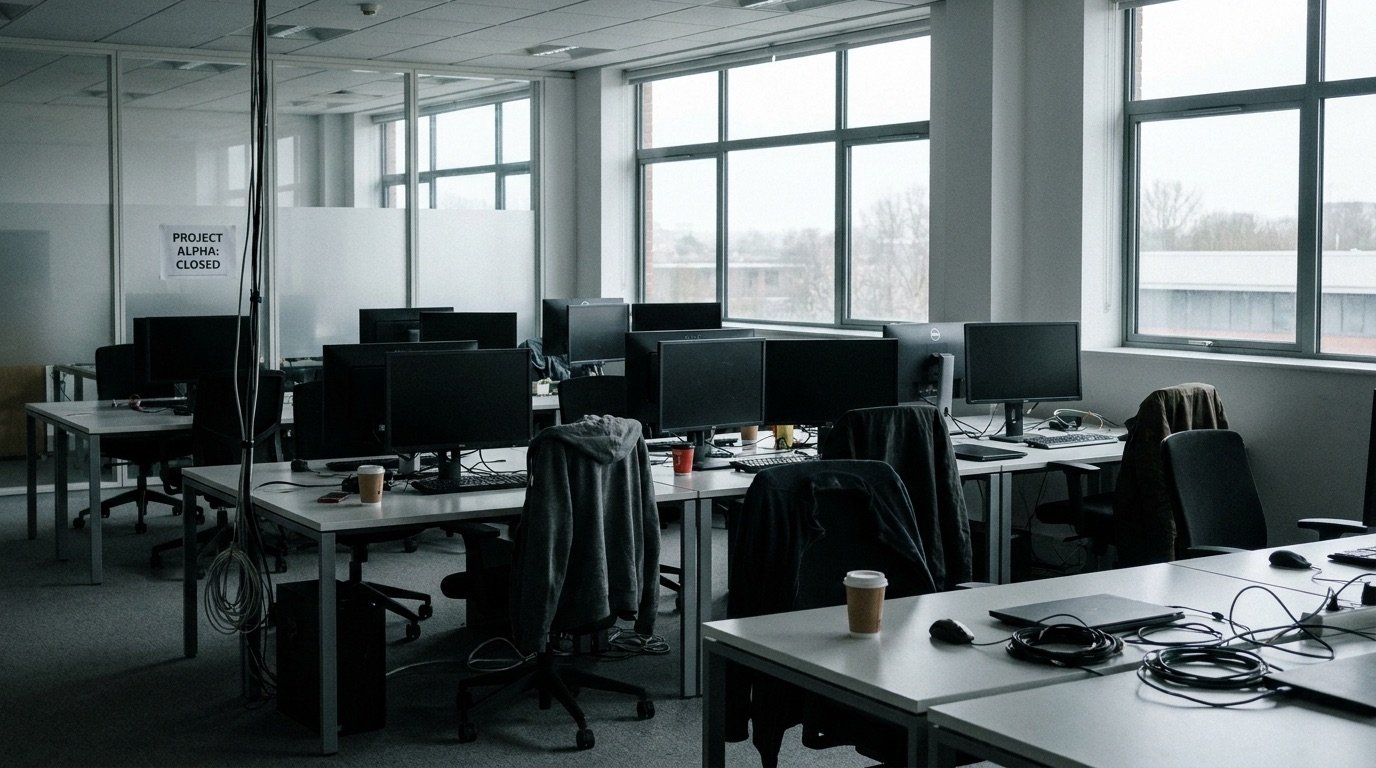An empty games studio office with vacant desks and monitors