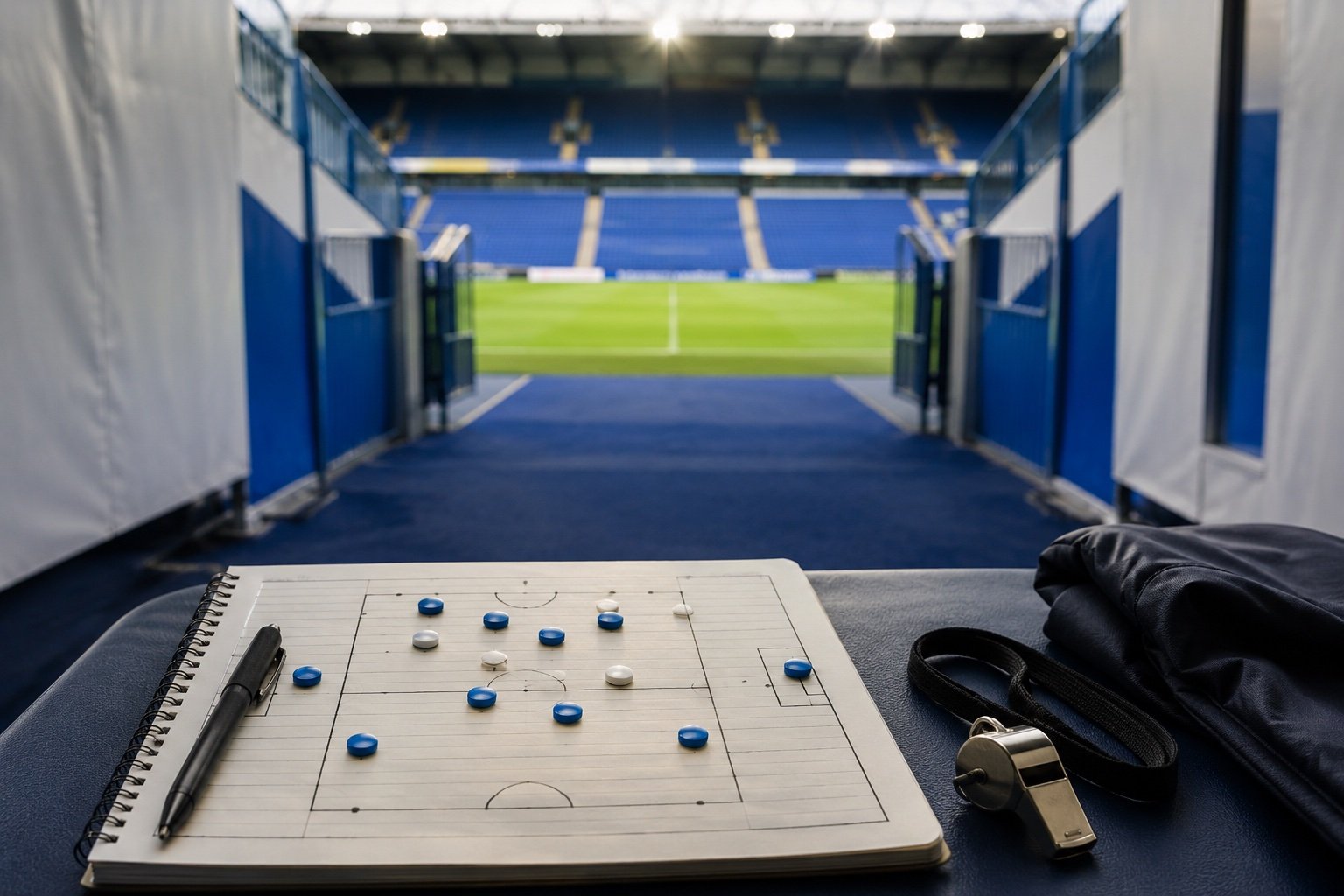 An empty football stadium with floodlights and a manicured pitch before a match