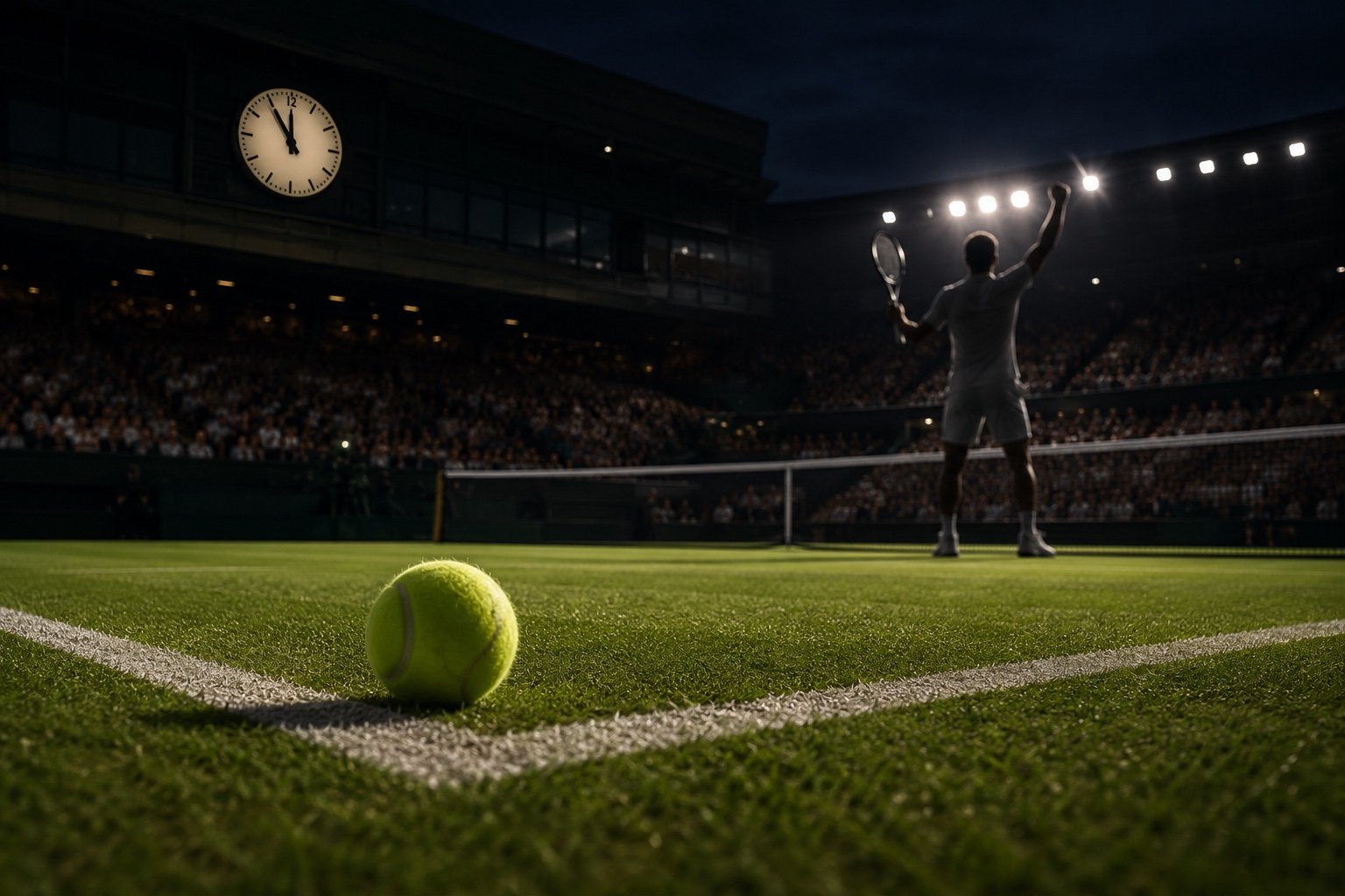 Coco Gauff in action on a Wimbledon grass court under floodlights late in the evening
