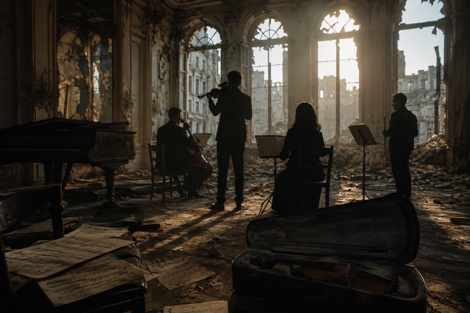 Music students and a teacher with instruments inside a tent classroom near the Mediterranean coast