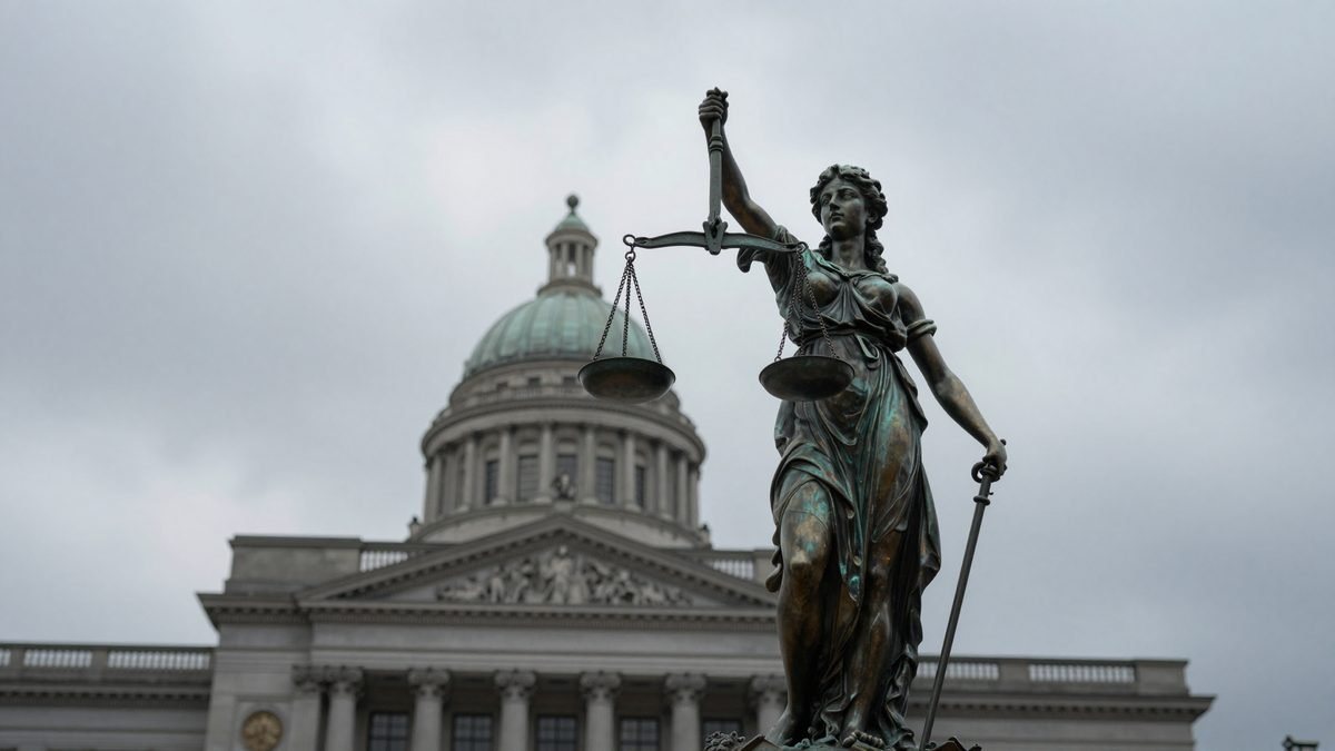 The scales of justice statue silhouetted against a grey sky above a courthouse