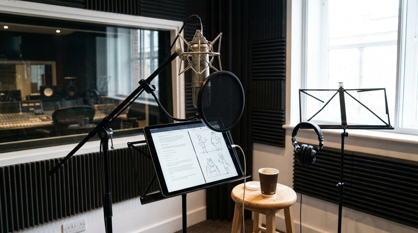 A recording studio microphone set up for animated film voice work