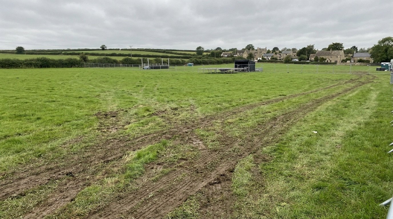 An empty green festival field in the English countryside