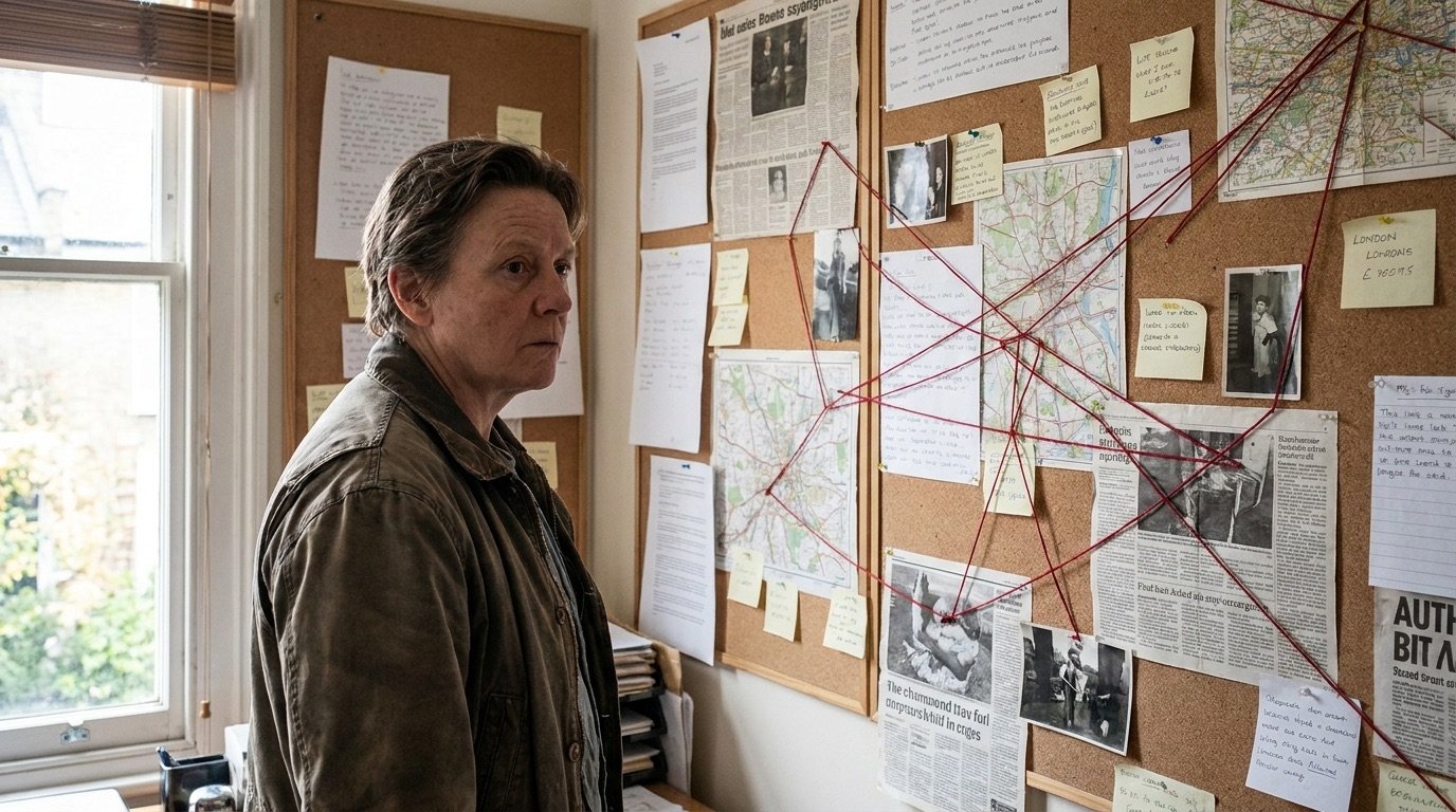 Person looking at a wall of clues and photographs connected by string