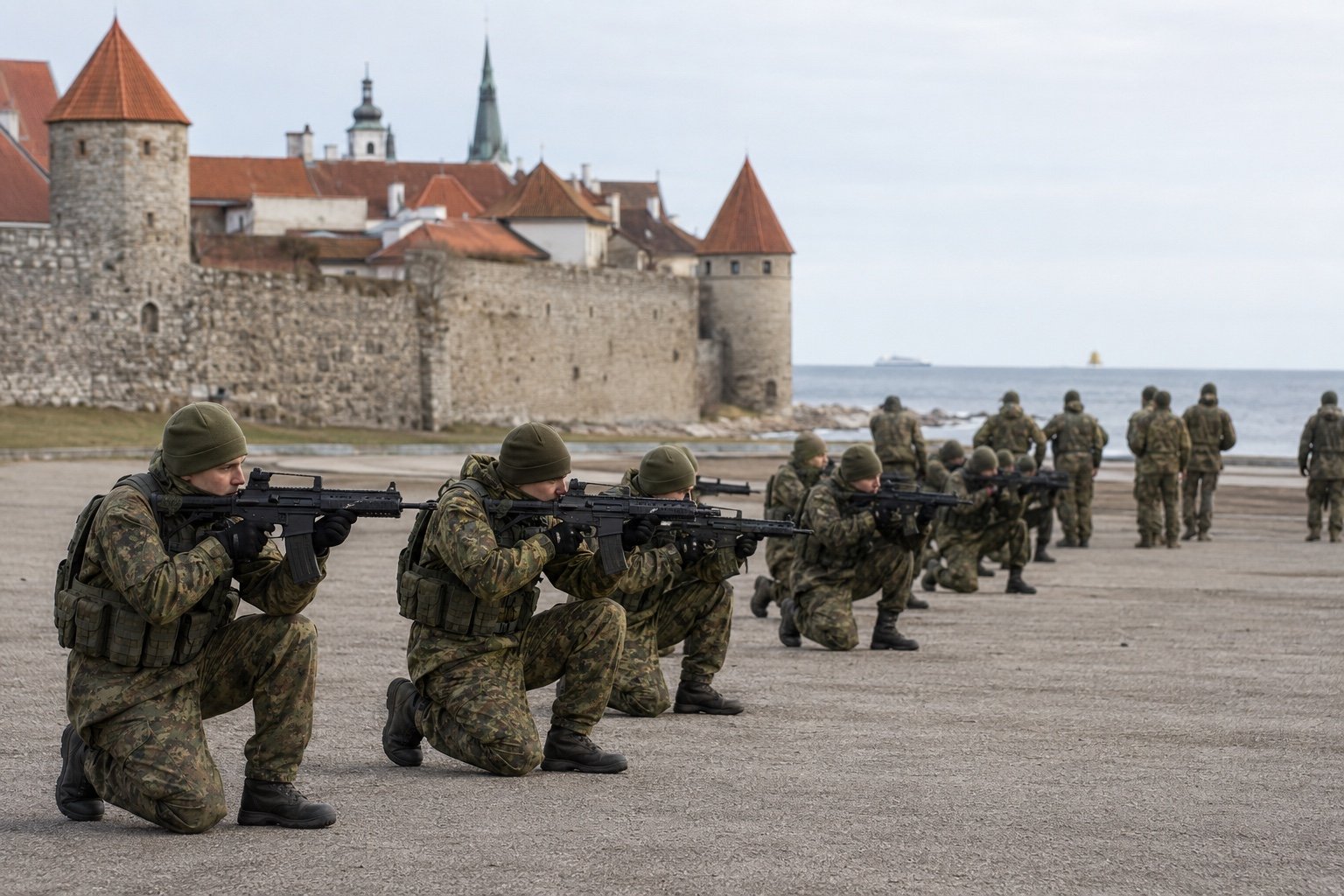 Swedish conscripts training near the medieval walls of Visby on the Baltic island of Gotland