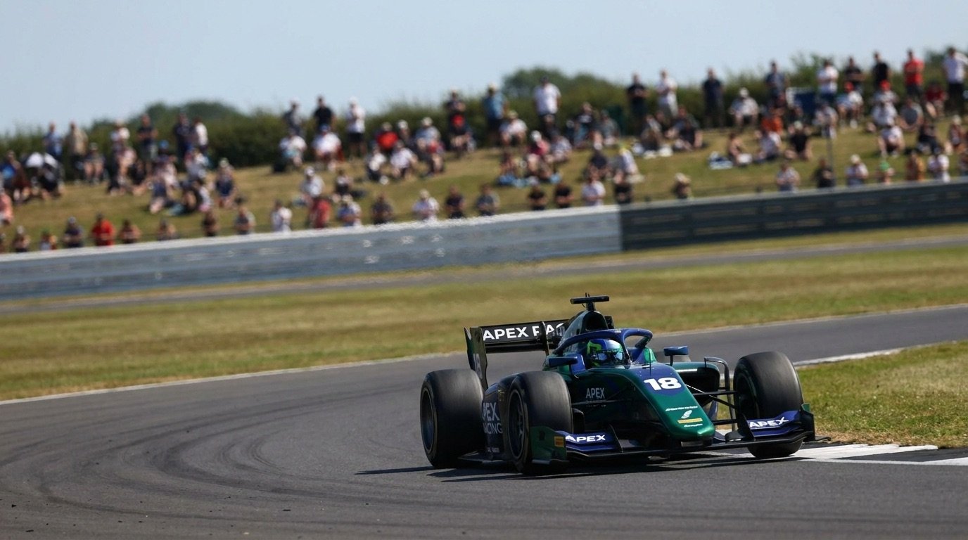 A Formula One car cornering on a sunny race circuit