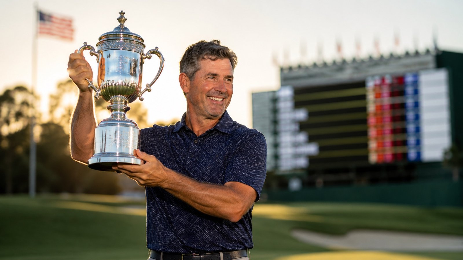 Veteran golfer lining up a putt on a championship green with a leaderboard behind