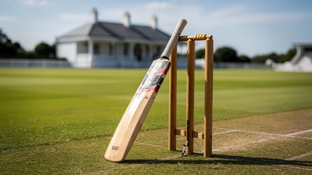 A cricket bat leaning against wooden stumps on a sunlit grass pitch at an empty cricket ground
