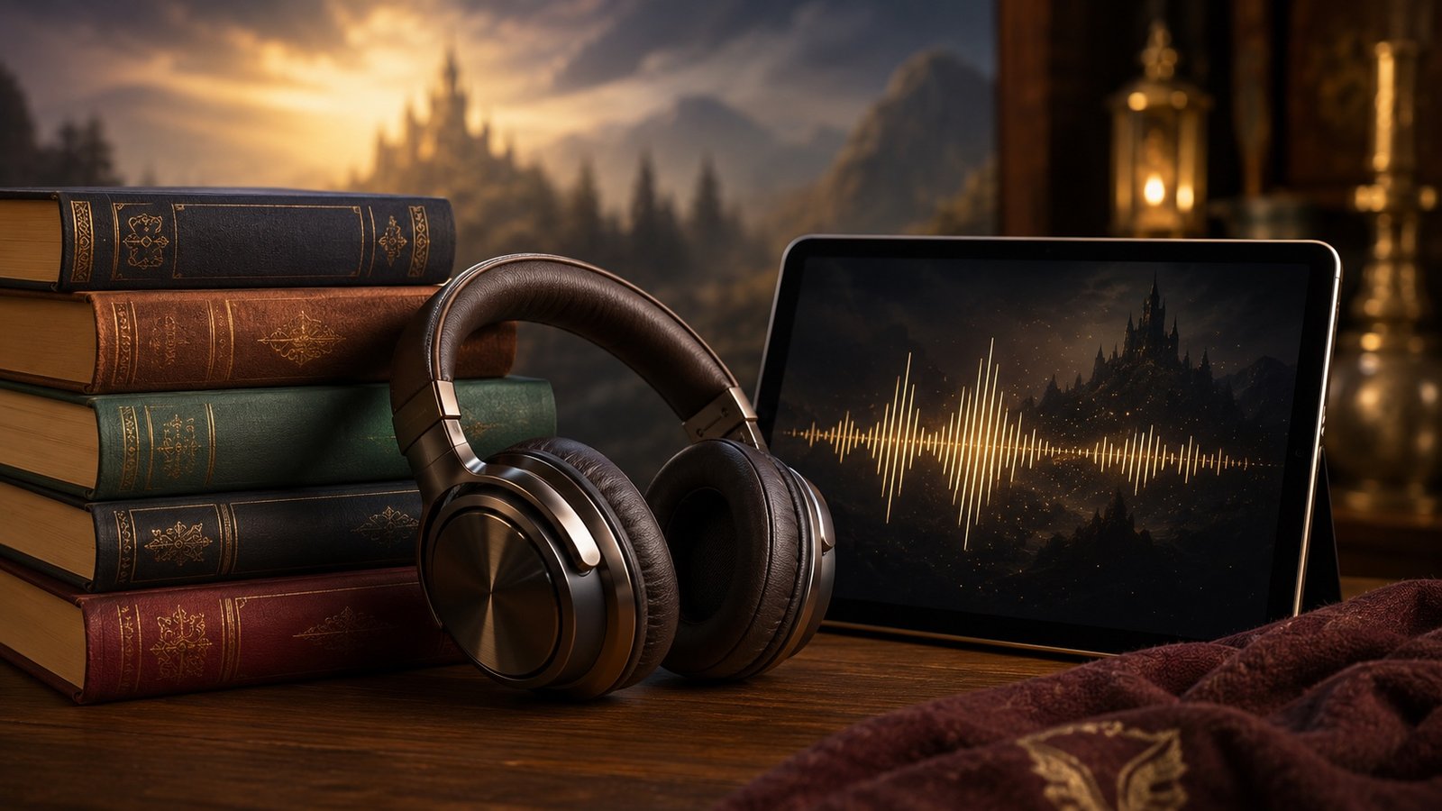 Headphones resting beside a stack of fantasy novels, evoking audiobook listening