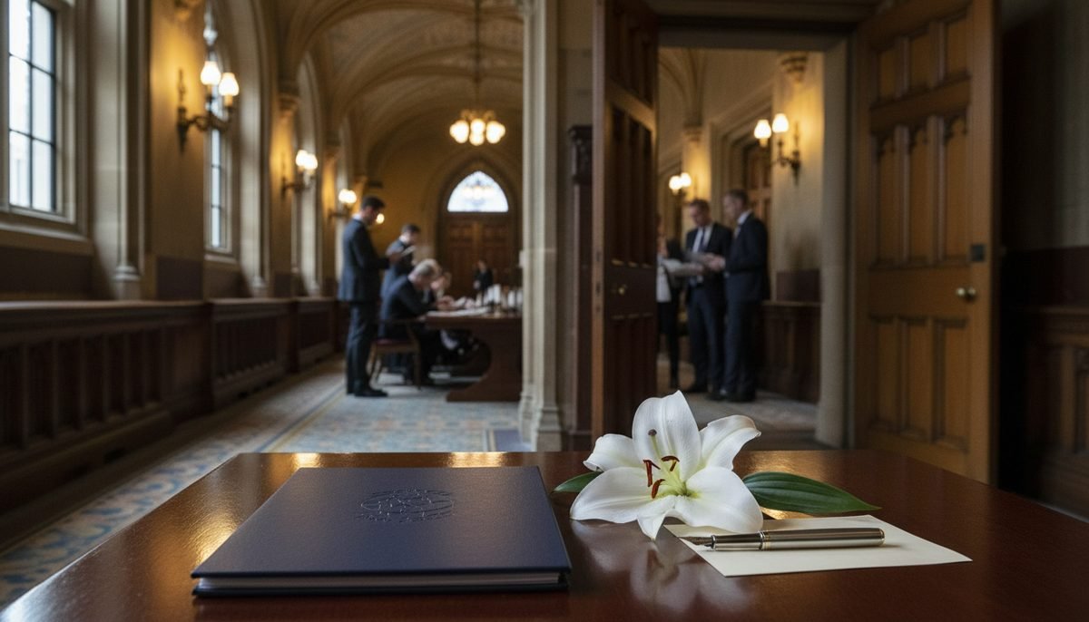 A book of condolence with a white lily on a table in a grand Parliament corridor