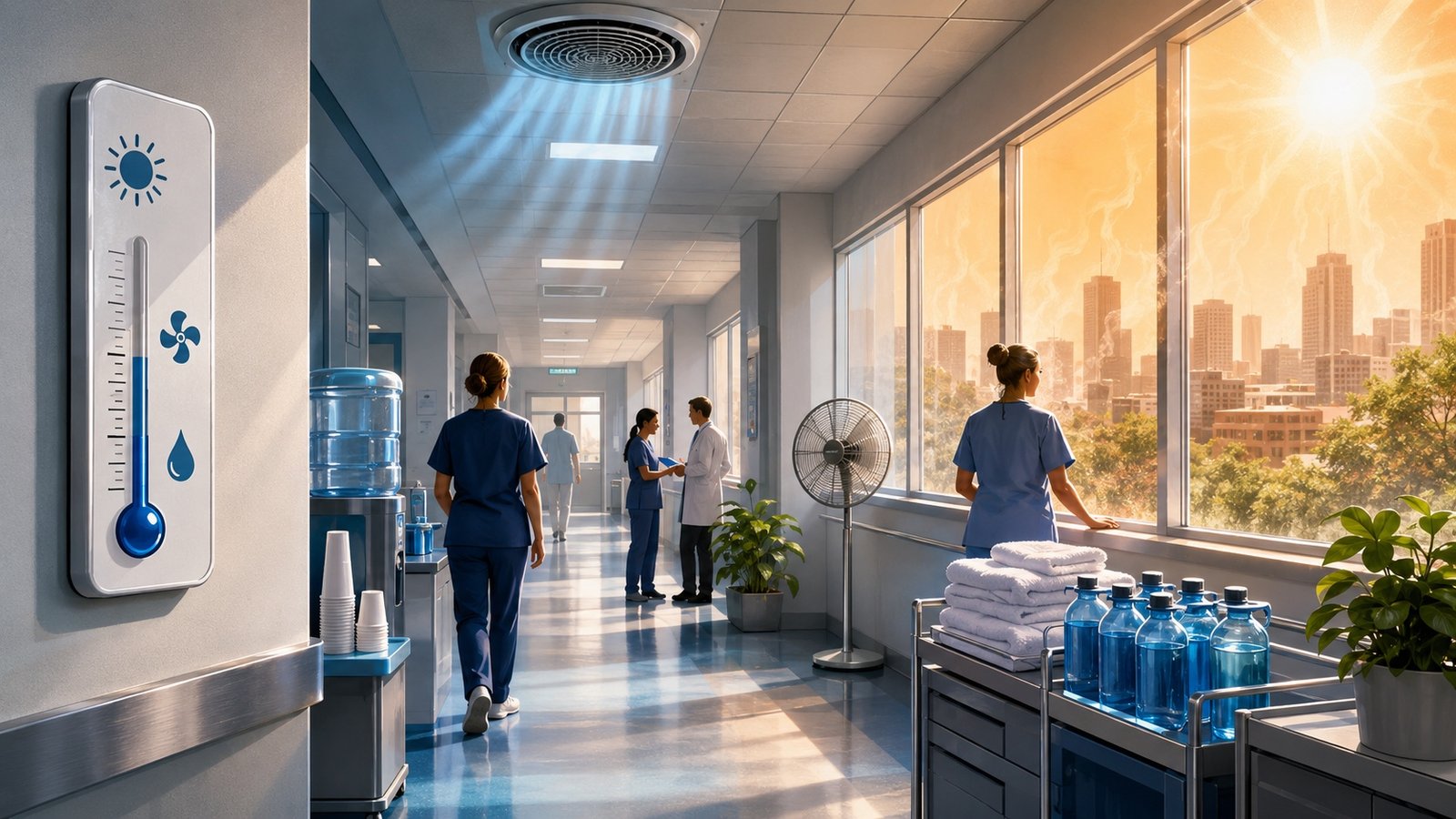 A hospital ward with fans and open windows during a summer heatwave