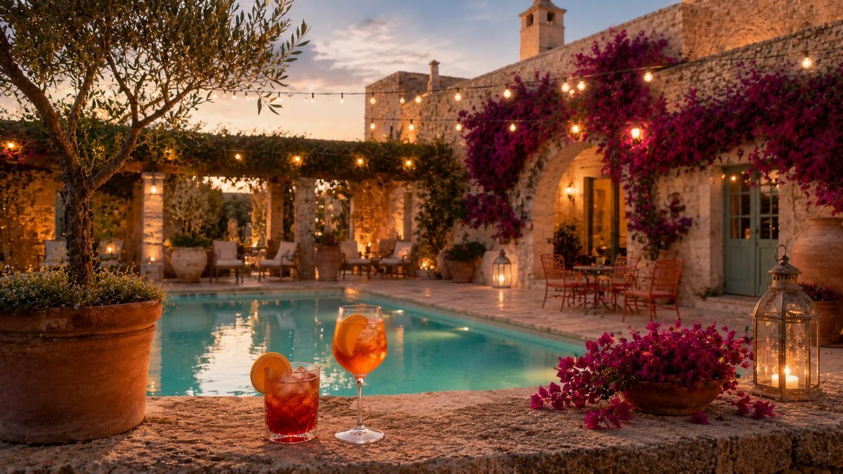 An Italian masseria courtyard at dusk with a pool, bougainvillea and evening drinks