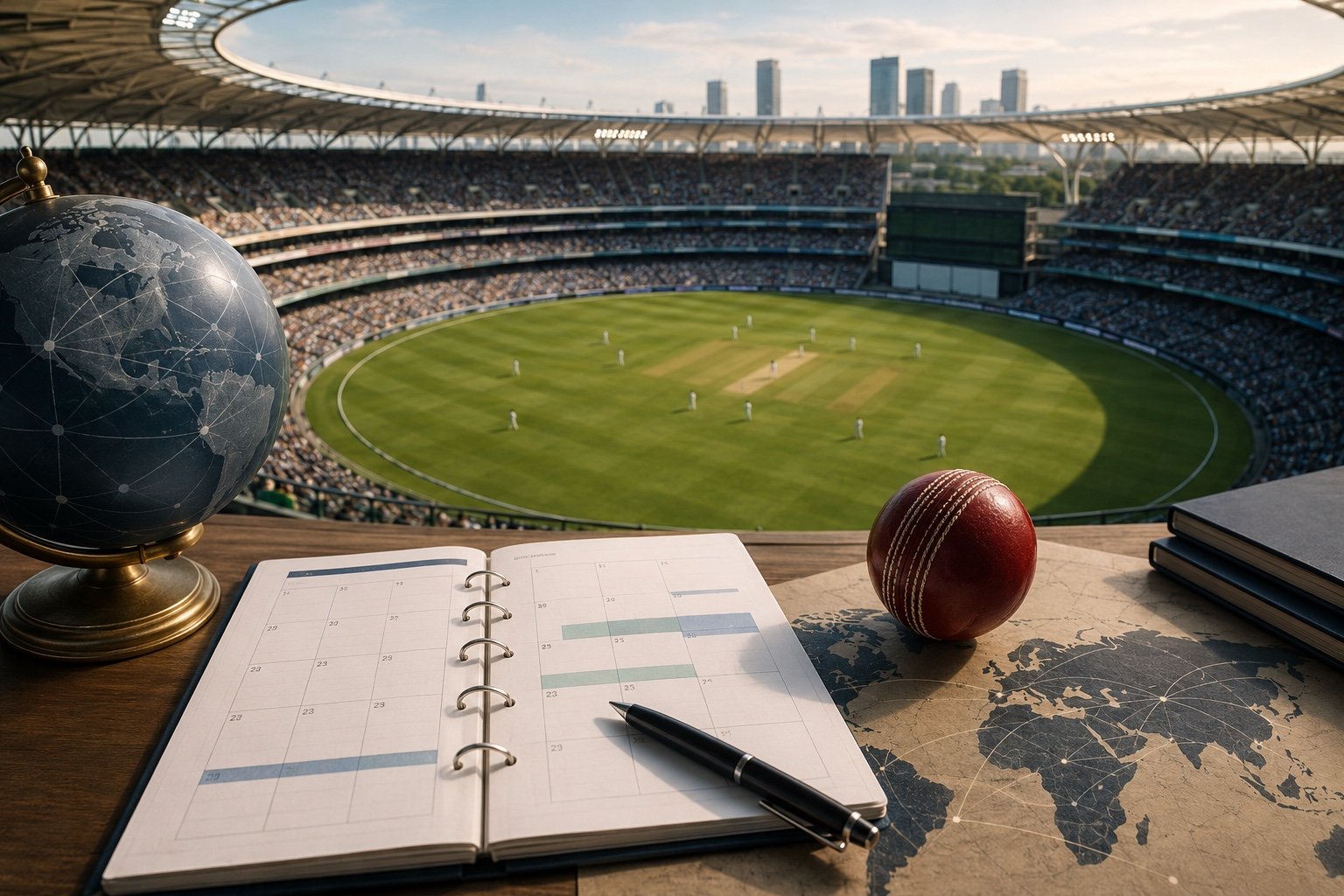 Cricket stadium under lights symbolising the crowded international calendar