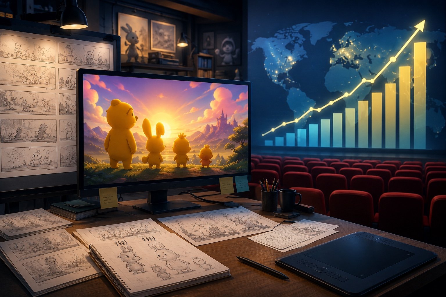 Cinema audience watching a bright animated family film on the big screen