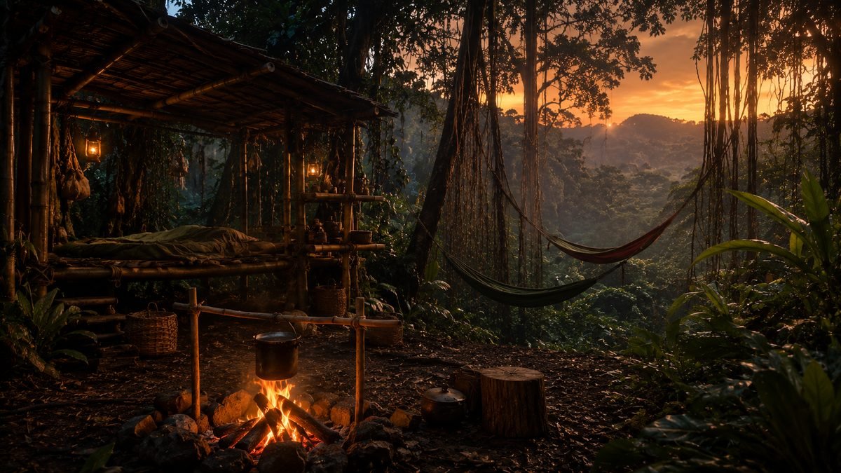 A jungle survival camp with a bamboo shelter, campfire and hammock at sunset