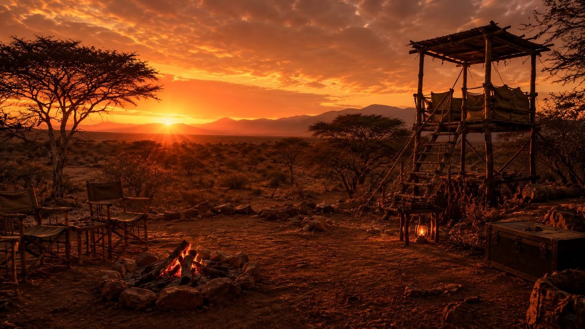 An African savanna survival camp at sunset with a wooden watchtower and campfire