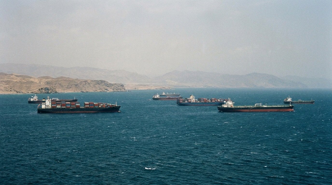 Container ships waiting near the entrance to the Strait of Hormuz