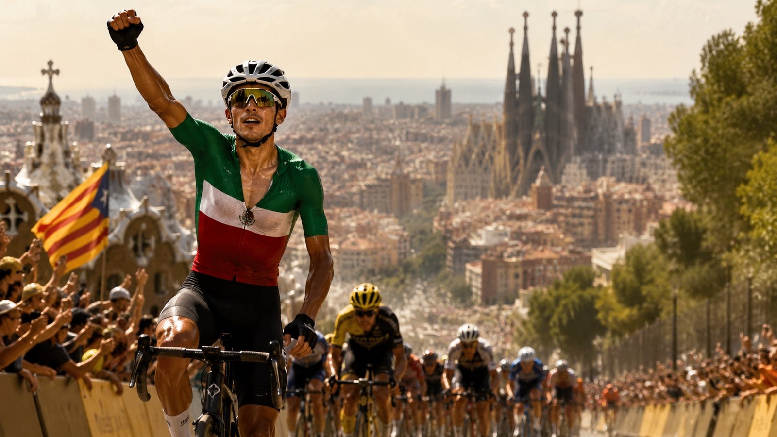 A young cyclist celebrates crossing the line on an uphill finish in Barcelona