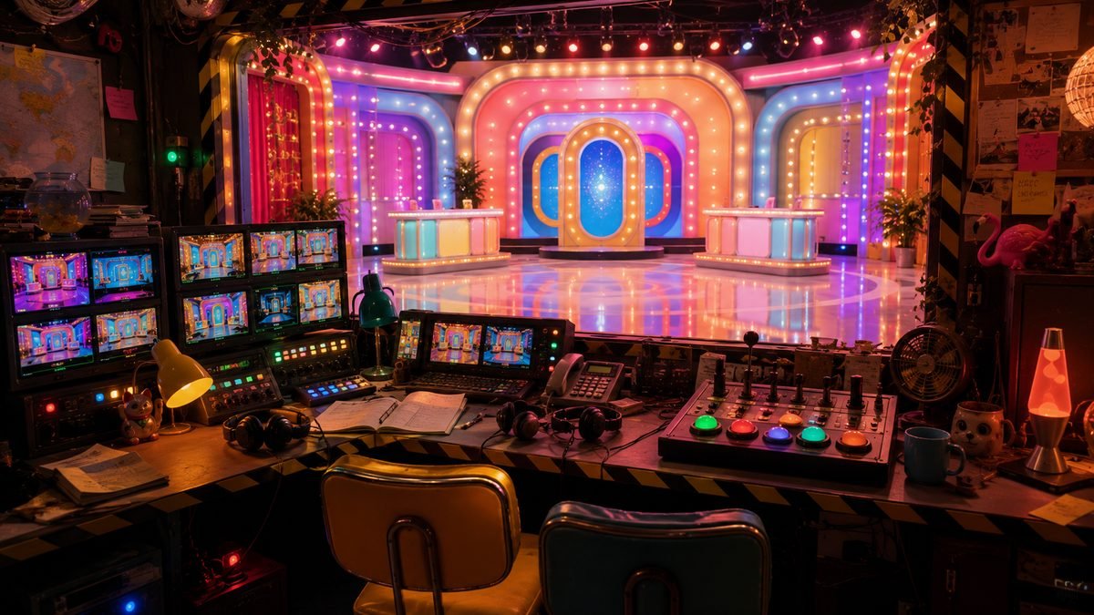 A colourful game-show studio seen from a hidden control room full of monitors