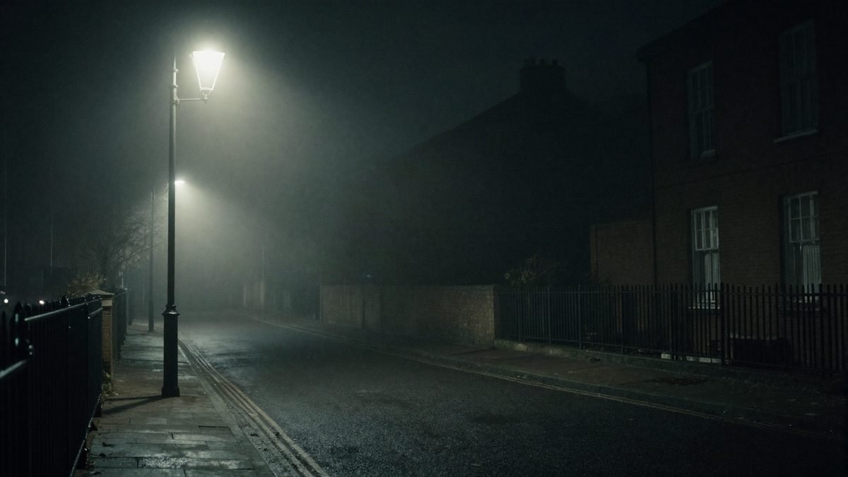 A moody foggy British street at night under a streetlamp