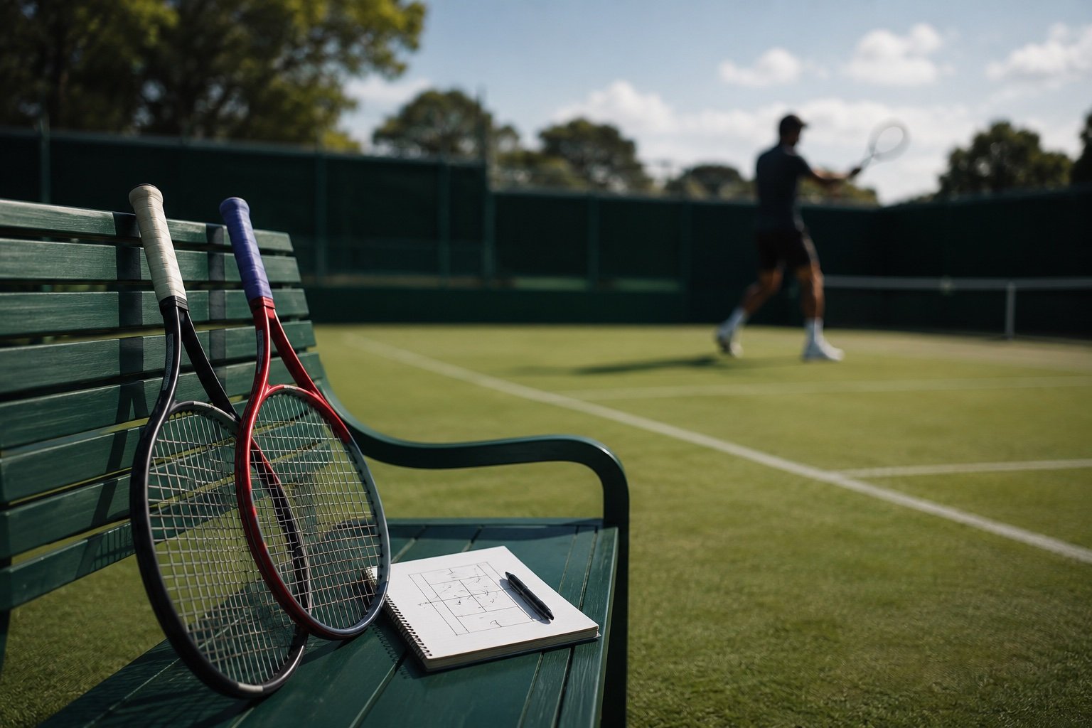 A grass tennis court with net and baseline in bright daylight, no identifiable people