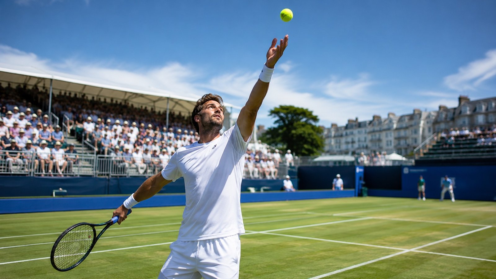 Jack Draper striking a forehand on the grass at the Lexus Eastbourne Open