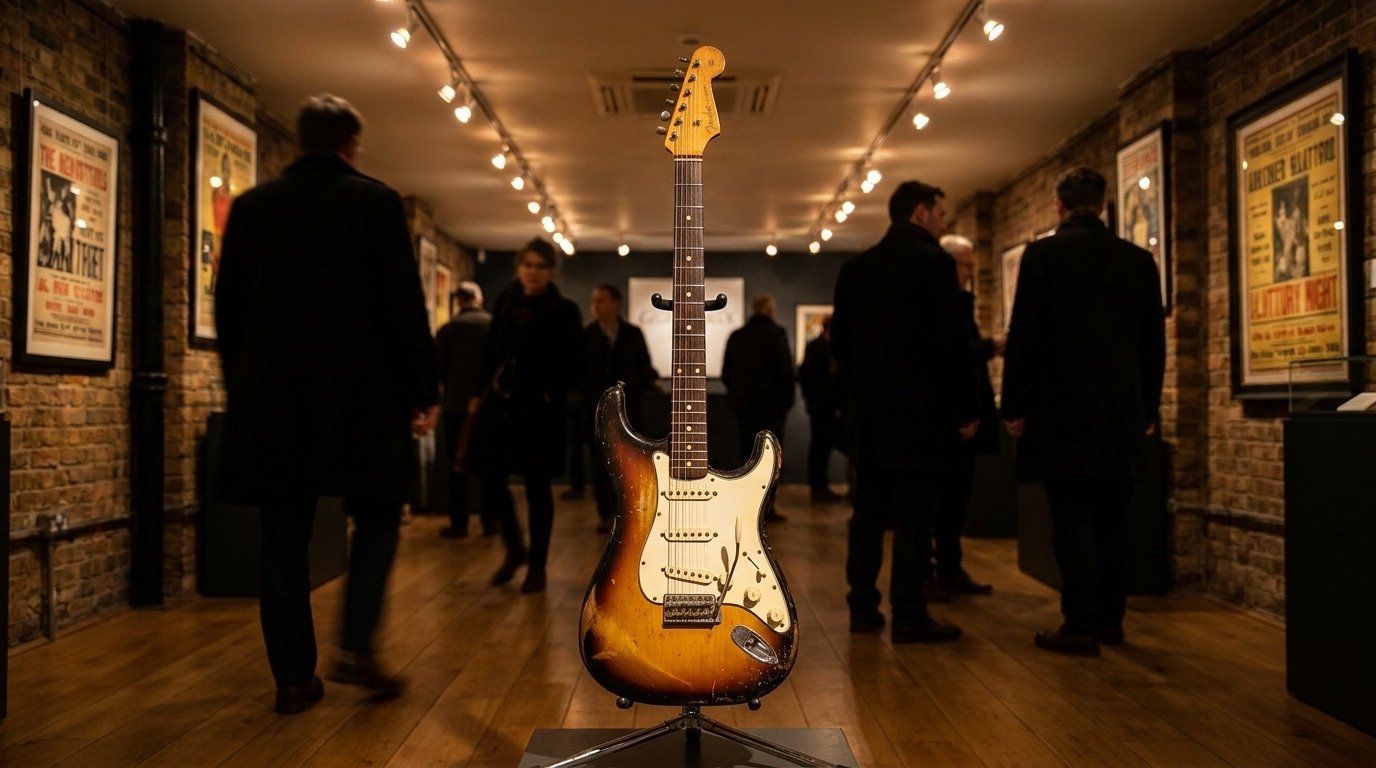 A vintage electric guitar resting on a stand under warm gallery lighting ahead of an auction
