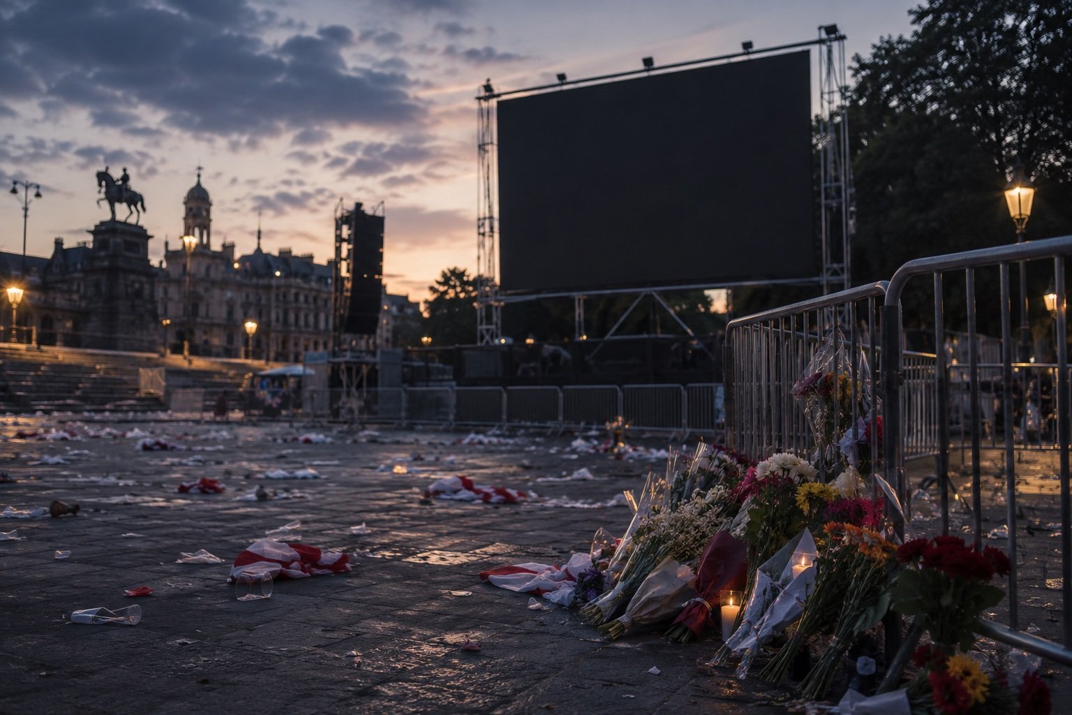 A dense crowd of football supporters watching a match on a large outdoor screen at dusk
