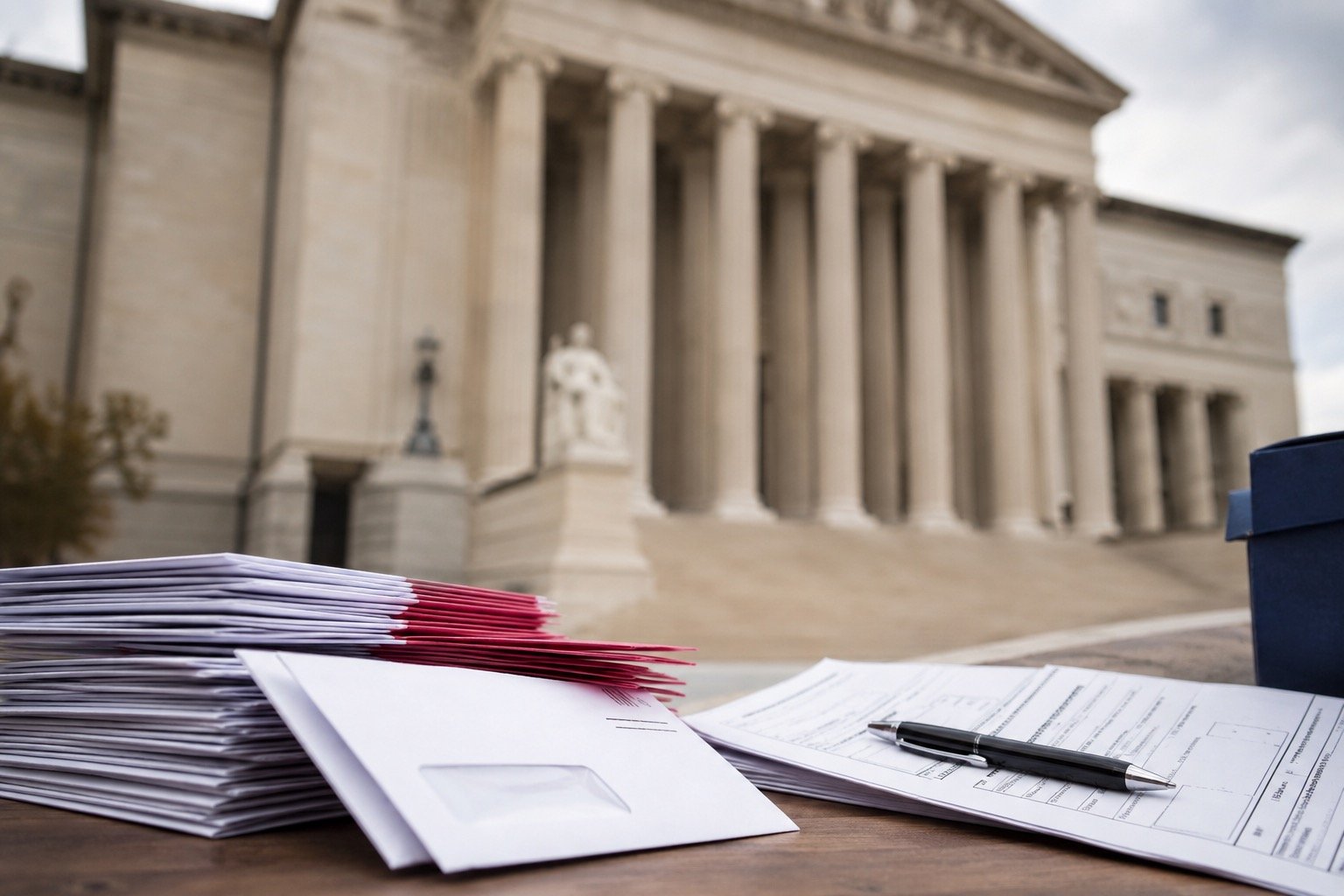 Mail-in ballot envelopes symbolising the US voting dispute