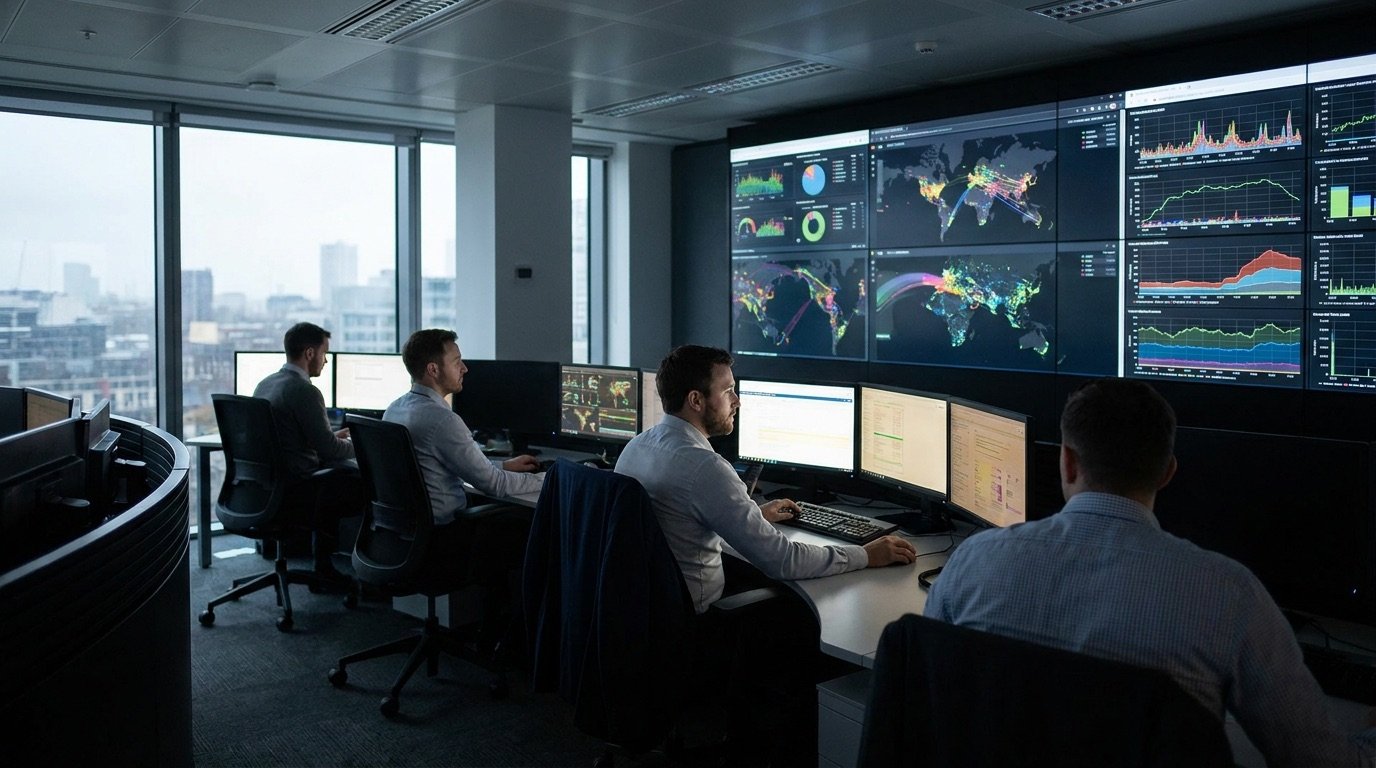 A security operations centre with analysts monitoring multiple threat dashboards