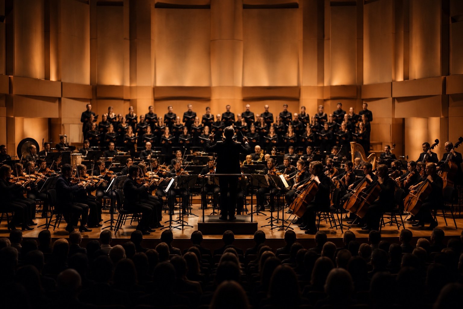 Conductor leading an orchestra and chorus at Birmingham Symphony Hall