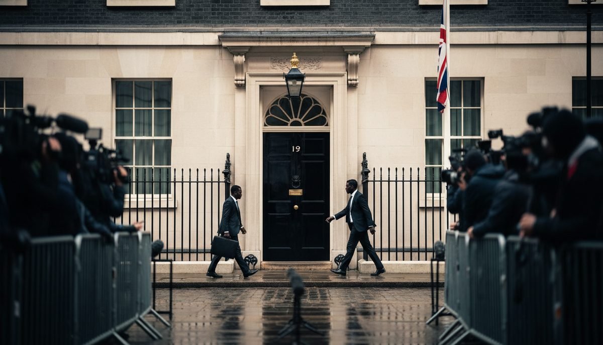 Two figures walking past the No.10 Downing Street door as press photographers wait