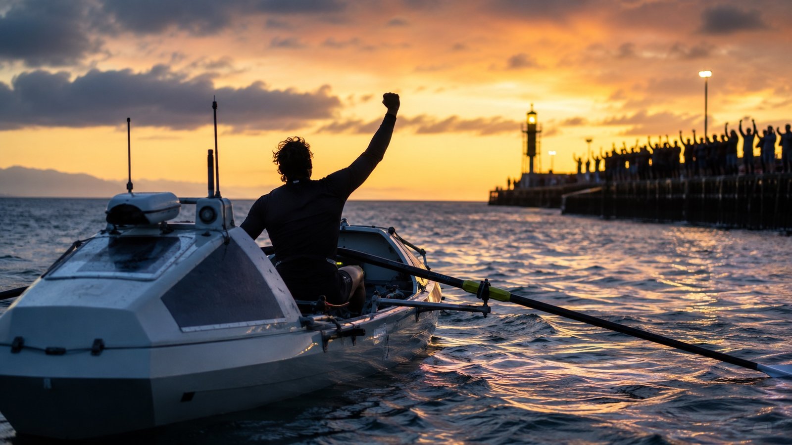 Solo rower in a small ocean rowing boat on the open Pacific under a wide sky