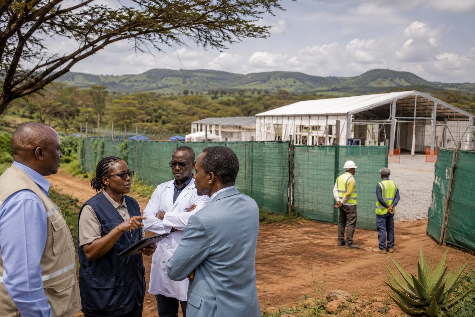 Medical workers in protective equipment outside a temporary health facility