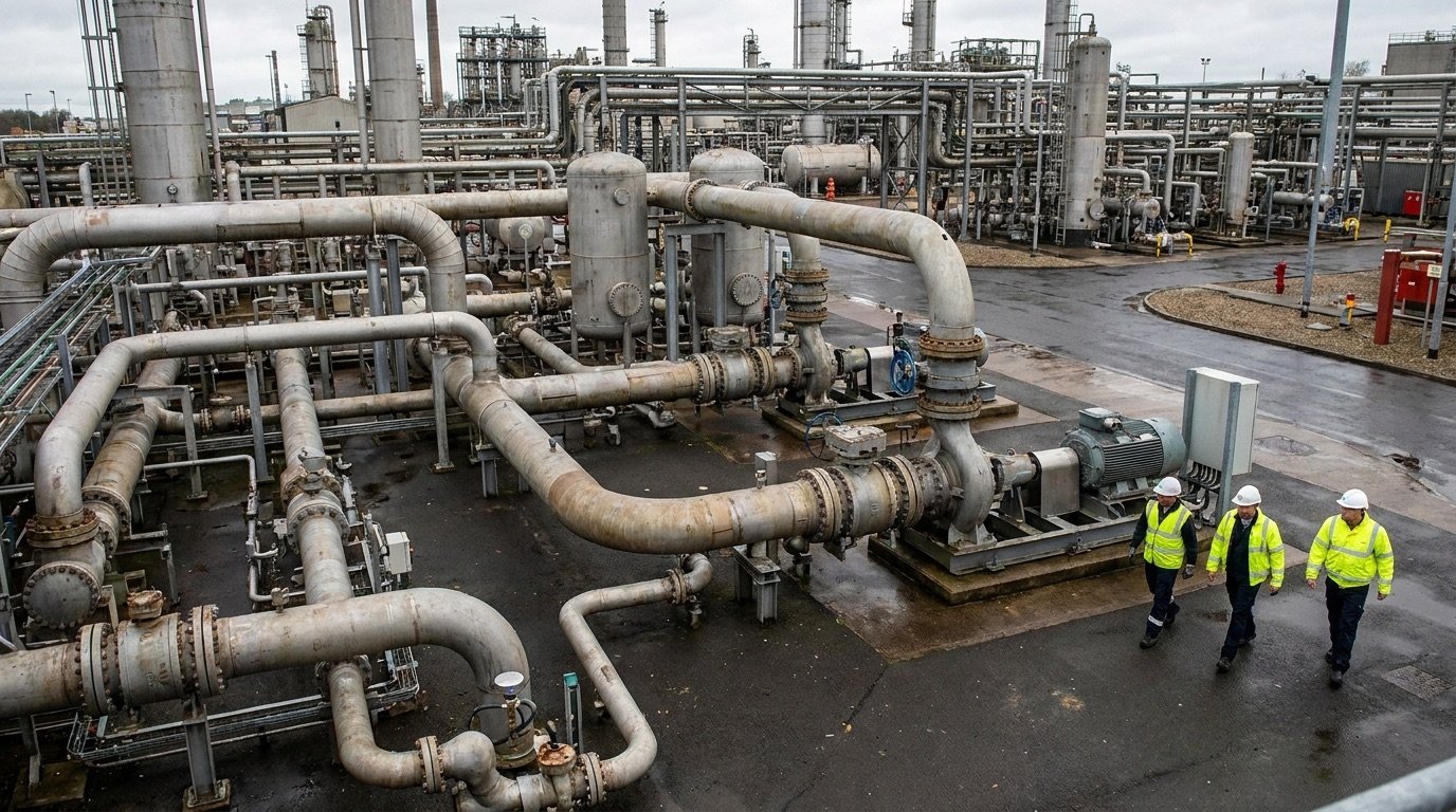 Oil and gas pipeline infrastructure at an industrial facility