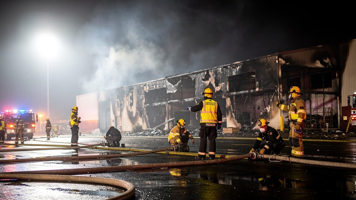 Emergency responders in high-visibility gear working beside a smoke-damaged commercial building at night, hoses across wet ground