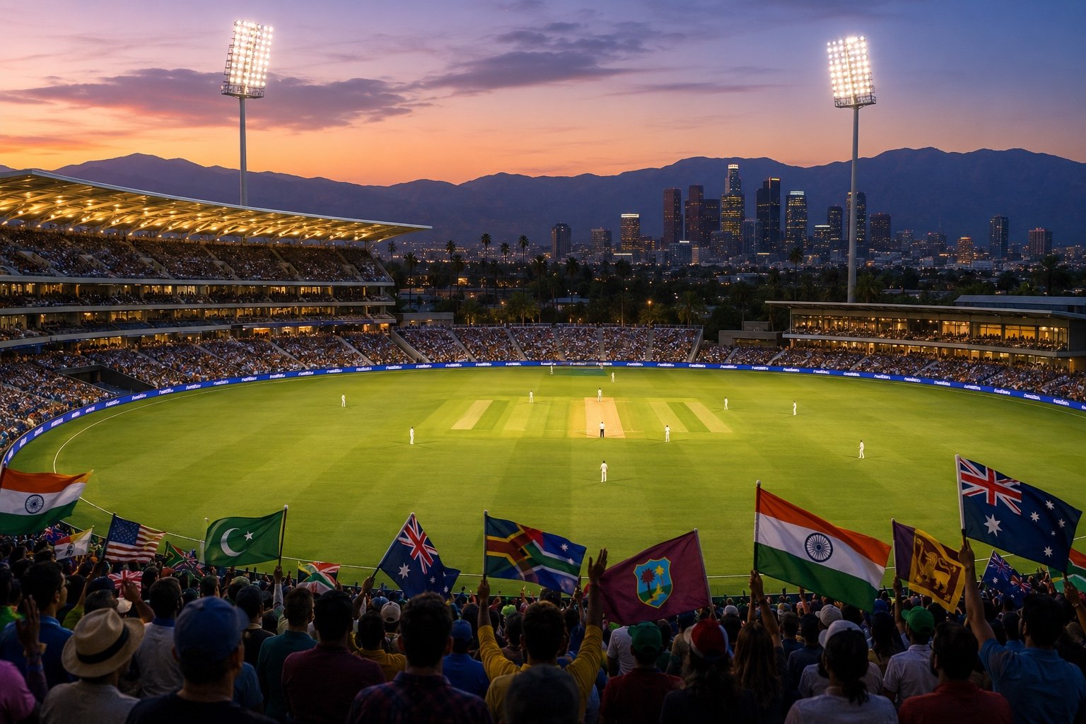 Floodlit cricket ground in Pomona, California, during a Major League Cricket match