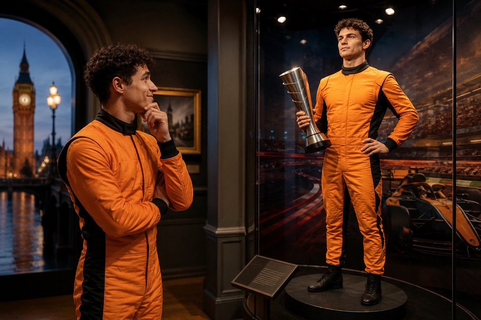 Formula 1 driver alongside a waxwork figure at a London attraction